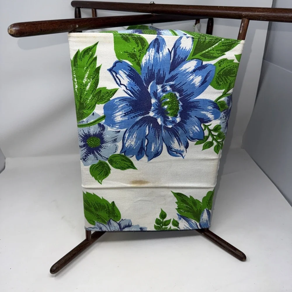Vintage Folding Wood Frame Sewing Basket Craft Caddy Floral Fabric MCM 16